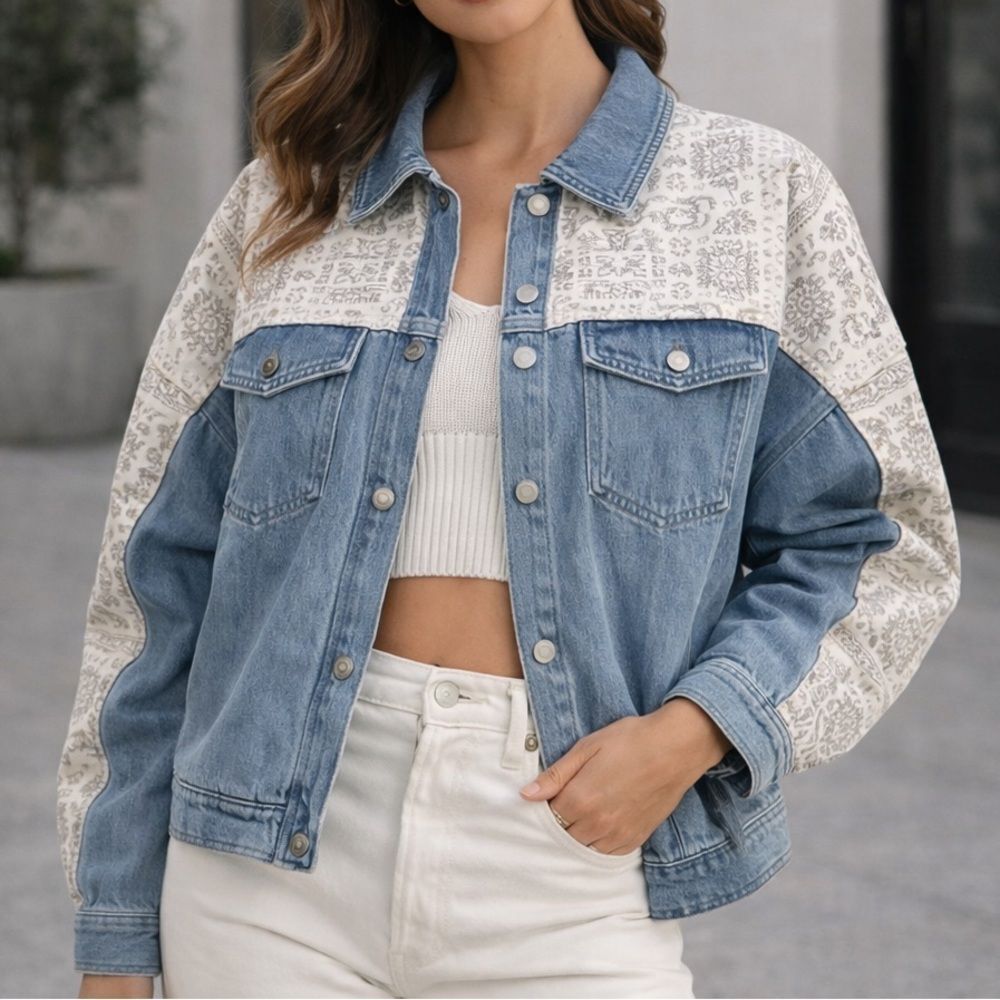Anthropologie Mable Paisley Print Contrast Denim Jacket Snap Collared Blue M